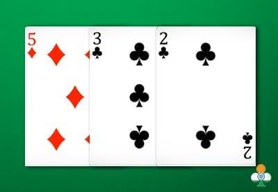 teen patti High card of 5 of diamonds, 3 of clubs and 2 of clubs